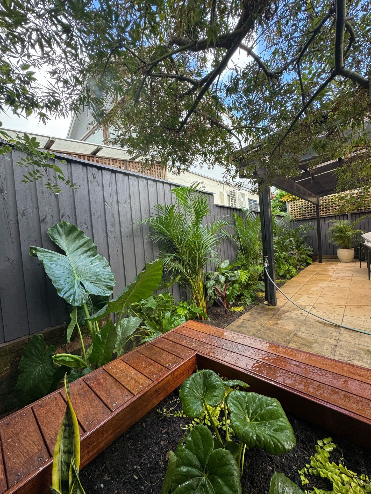 View showing the relationship between seating and garden elements