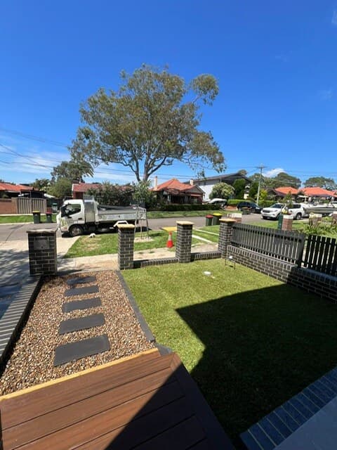 Overview of the Russell Lea garden upgrade showing the stepping stones pathway and new turf