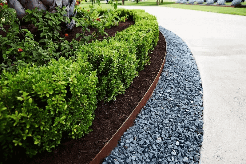 Professional garden edging installation with crisp lines separating turf and mulched beds