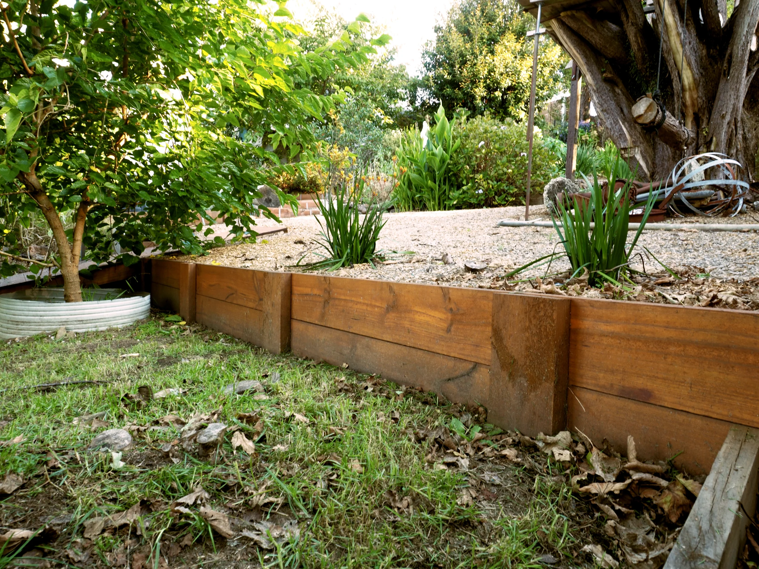 Low retaining wall separating a lawn from a raised garden bed